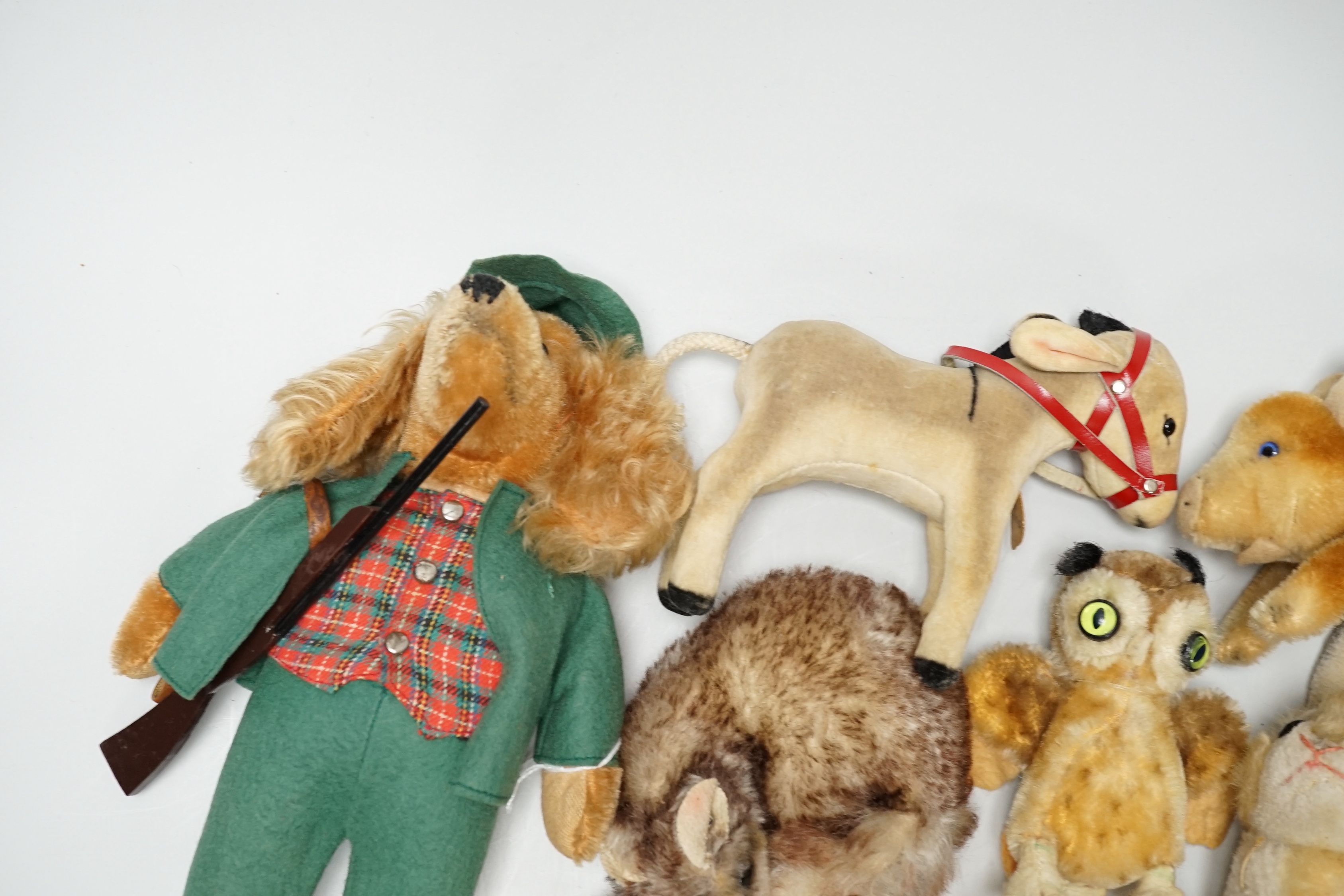 Seven Steiff animals, all 1950s, also 'Waldi' The Huntsman